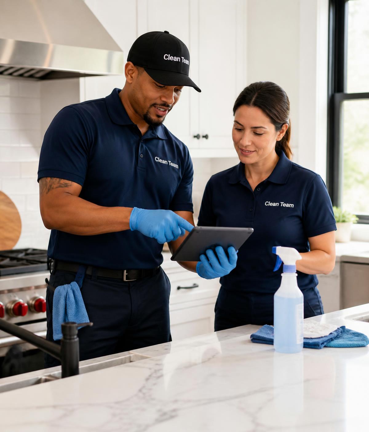 Two SD Solutions cleaning professionals reviewing a job checklist in a clean kitchen