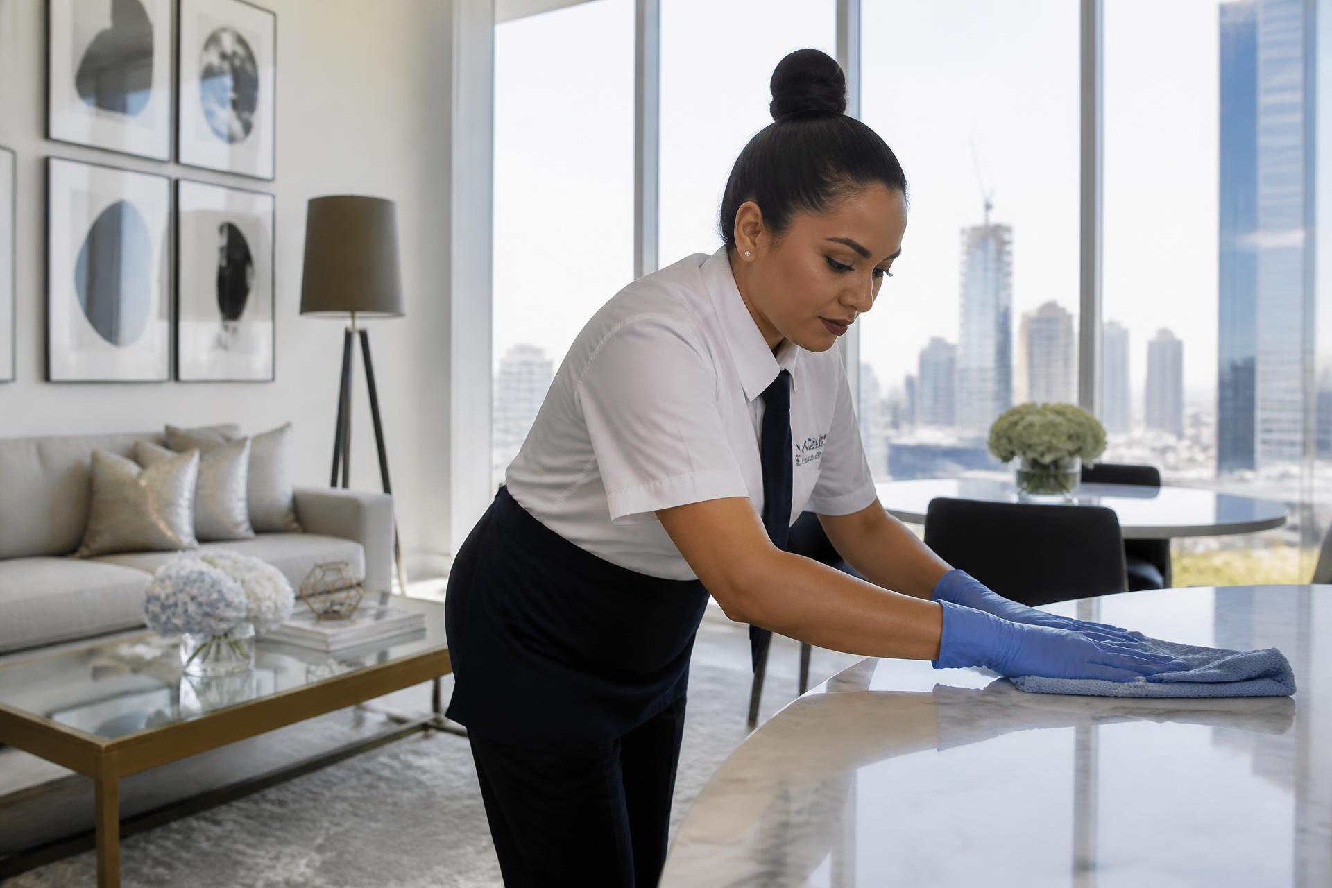 Professional cleaner from SD Solutions wiping a countertop in a bright modern New York apartment